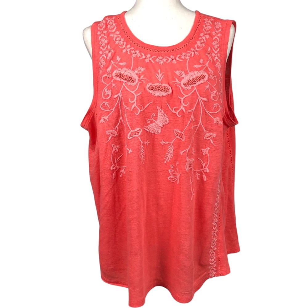 Sundance Linen Embroidered Tank Floral Butterfly Coral